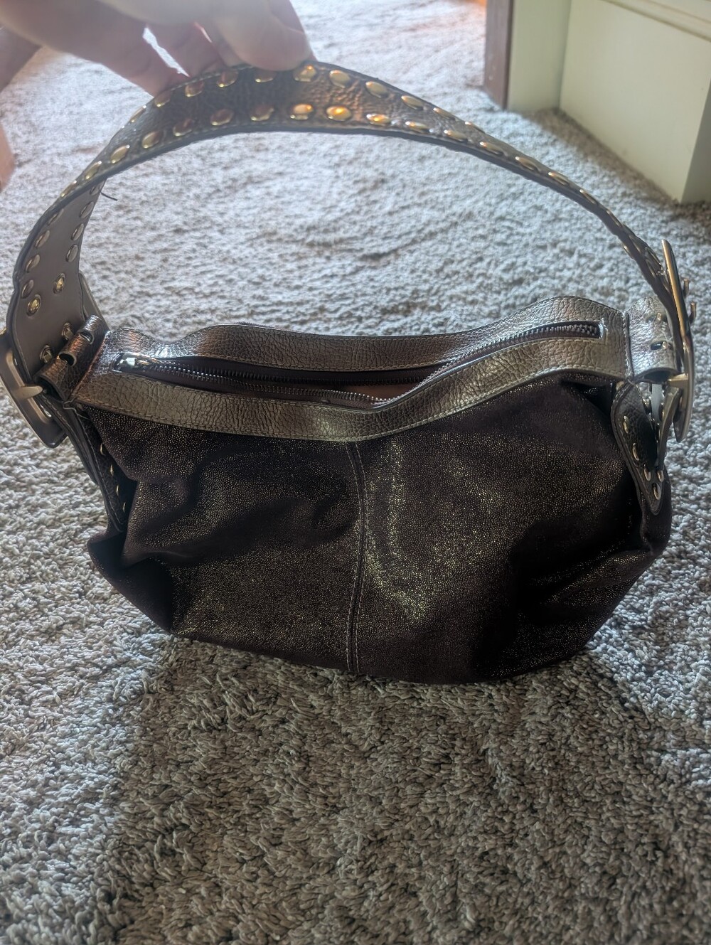 Kathy Van Zeeland Y2K Studded Metallic Brown Shoulder Bag